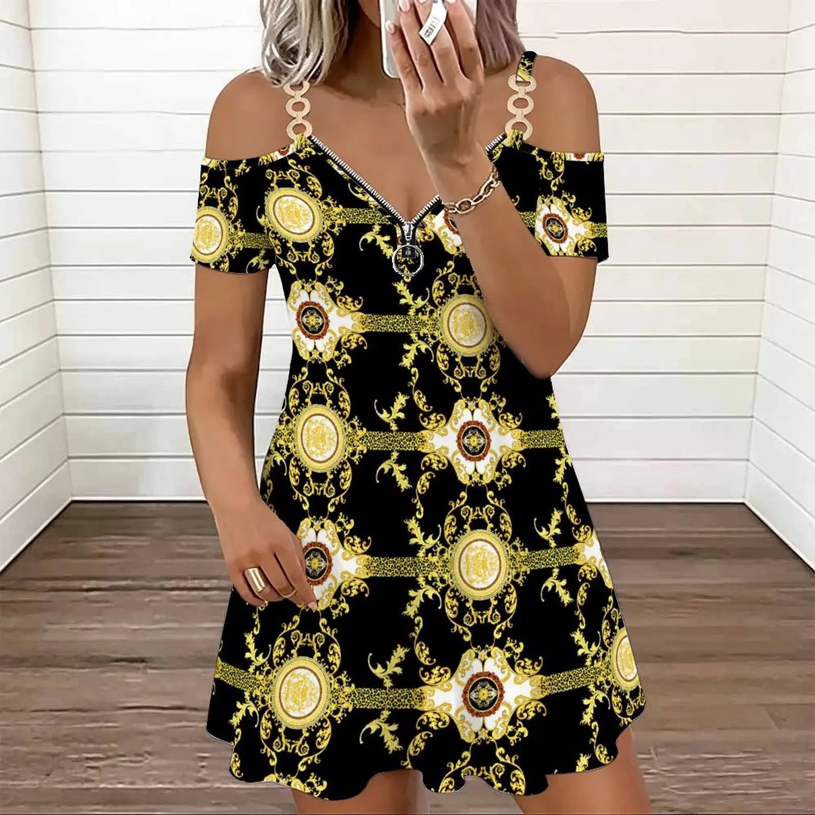 Women Print Off Shoulder Mini Dress Metal Chain Spaghetti Strap Short Sleeve Loose Flowy Summer Beach Short Dress
