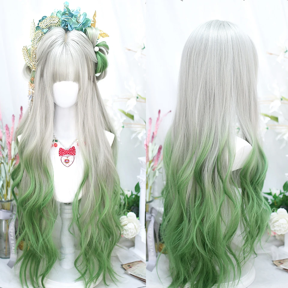 Cosplay Wig Female Synthetic Long Wavy Wigs For Women Grey  Green Lolita Wigs Long Curly