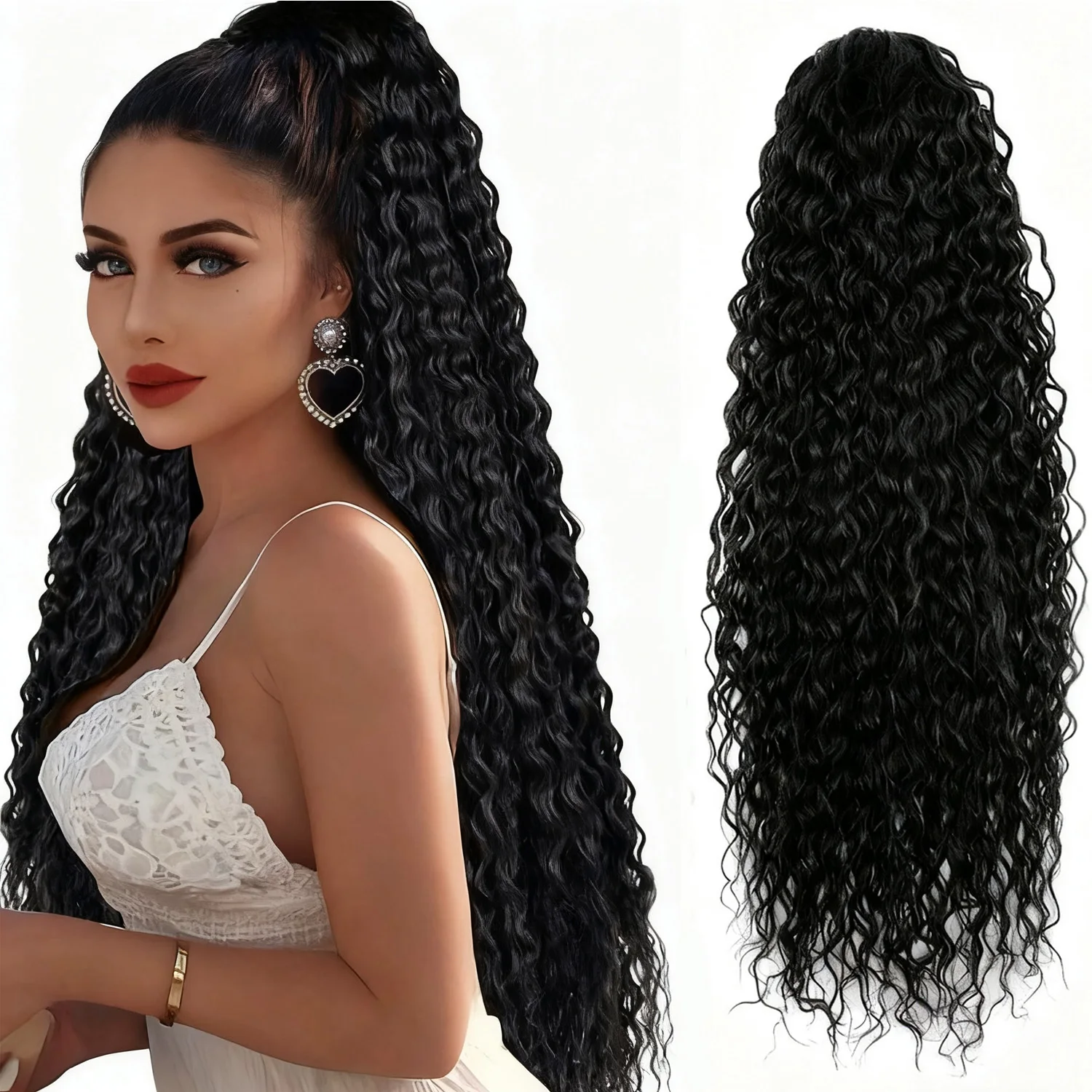 24インチのエレガントなカールウェーブポニーテールウィッグ、ドローストリング付き - 女性用の高品質合成毛、クリスマスや日常生活に最適