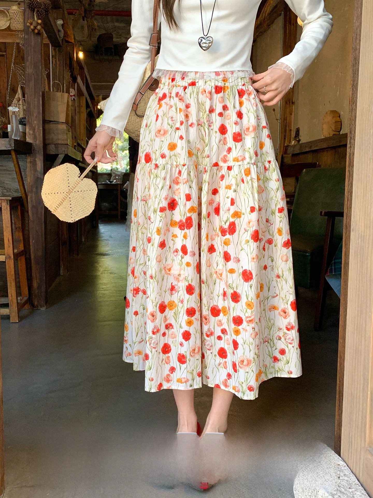 

Романтичная женская юбка А-силуэта с цветочным принтом, весенне-летняя, свободного кроя, с высокой талией, из хлопка, повседневная