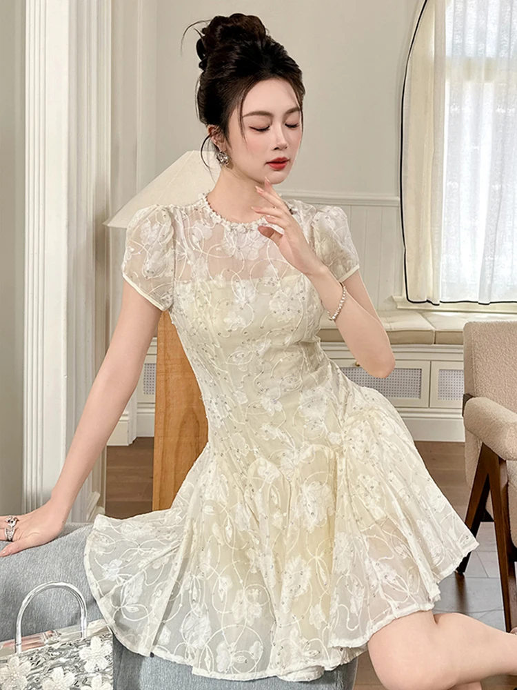 ชุดเดรสเซ็กซี่หรูหราสำหรับผู้หญิง ออกเดท ผ้าซีทรู ปักลายดอกไม้ แต่งระบาย ทรงบอลกาวน์ ประดับกลิตเตอร์ สวยสง่า สำหรับงานปาร์ตี้ คลับ