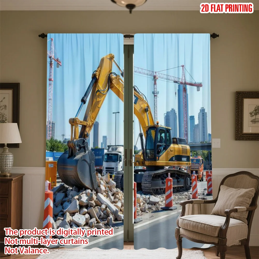 

2D flat printing 2pcs Window Curtains Excavator Clearing Rocks Digital Printed Polyester Drapes All Season Party & Holiday Decor