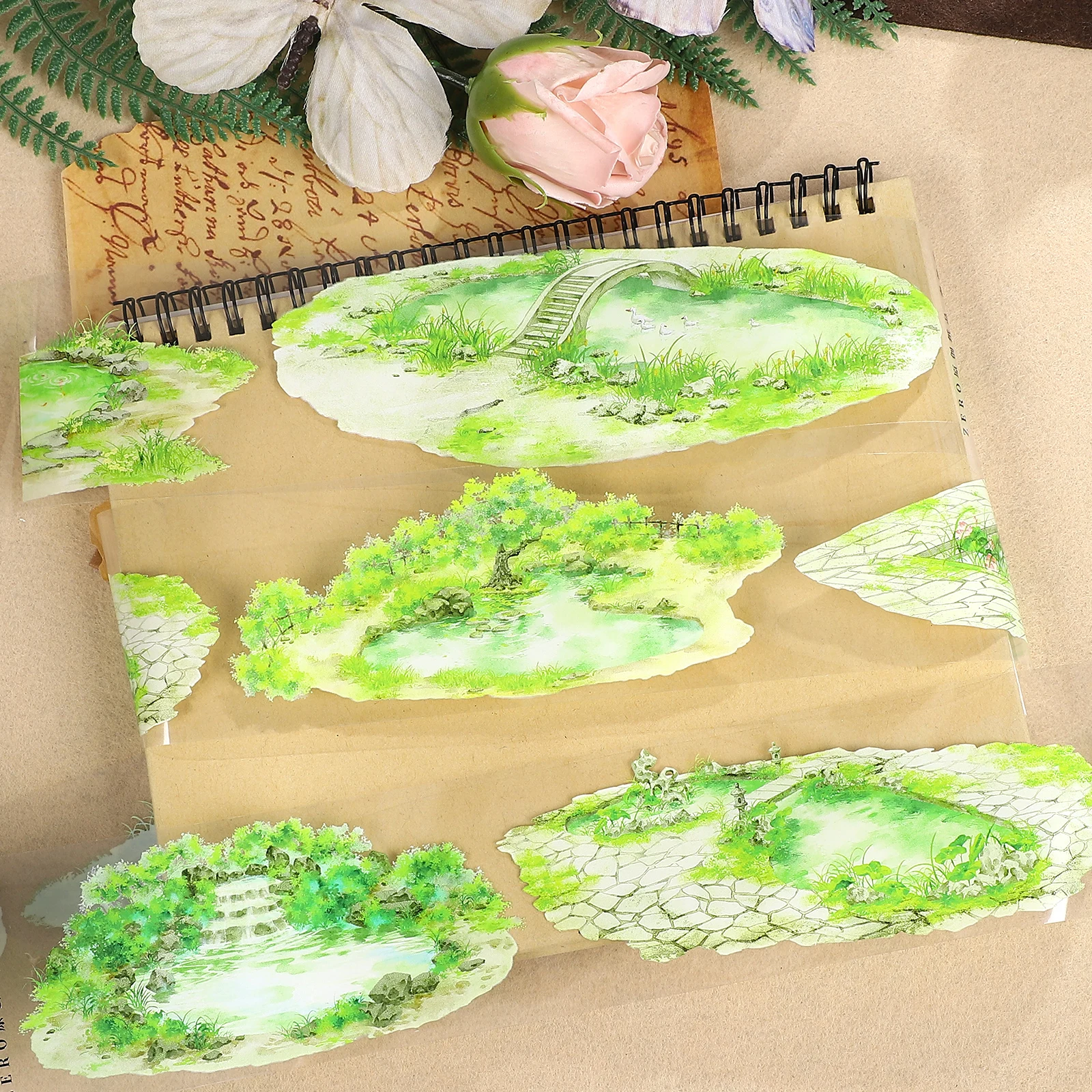 

60mm*5m Vintage Spring Plant Pond Landscape PET Tape Creative DIY Journal Material Collage Scrapbooking Stationery