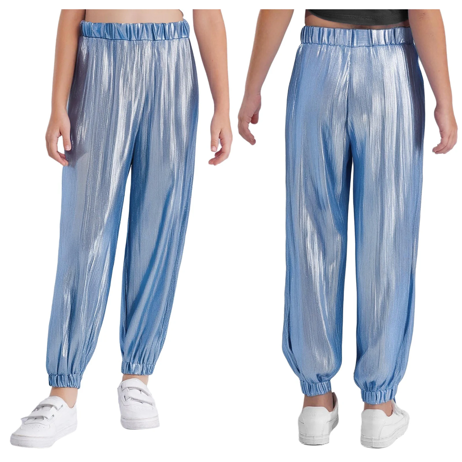 

Kids Girls Hip Hop Dance Pants Elastic Waistband Metallic Shiny Ribbed Cargo Pants Trousers Stage Performance Sport Costume