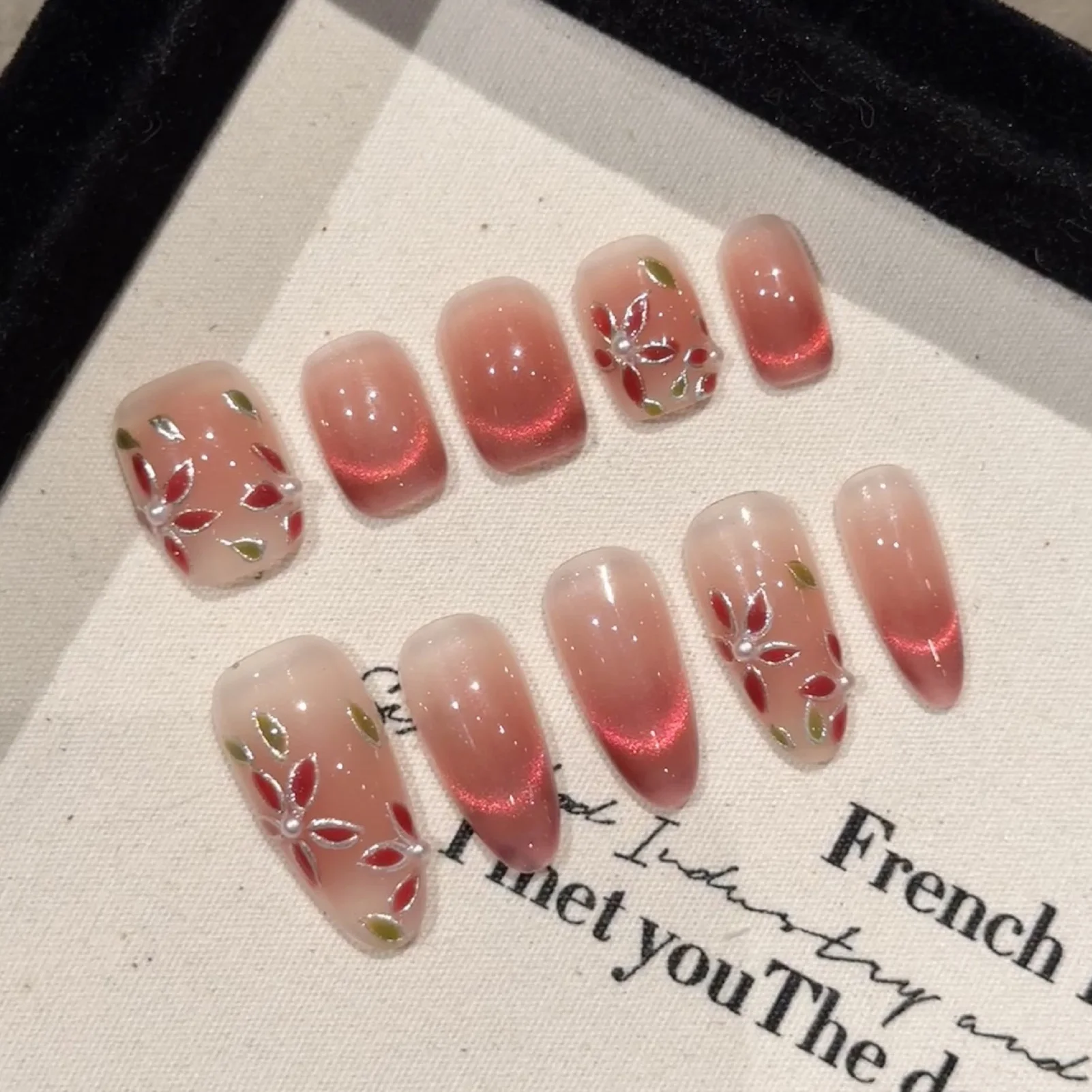 10pcs Glossy Pink Cat's Eye Press On Nails Hand Painted Pear Flower False Nail Full Cover Wearable Korean Style Fake Nail Patch