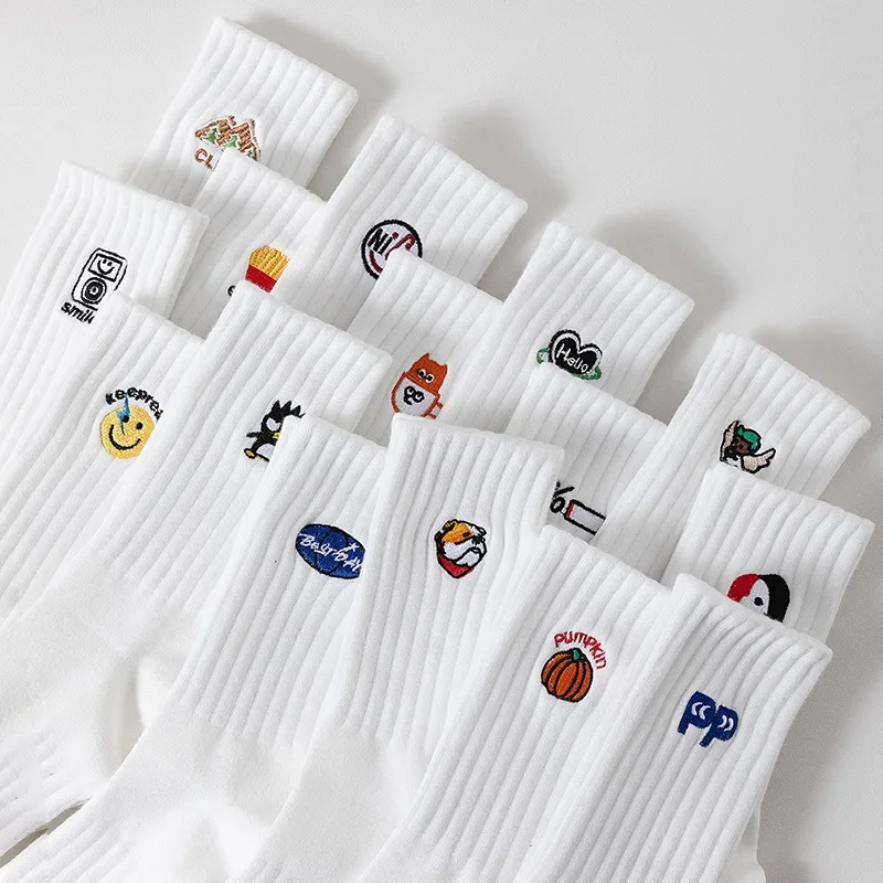 Cartoon Embroidery Socks Fashion Black White unisex Socks Harajuku Kawaii Funny Spring Autumn Female Socks Lovely Cotton sock