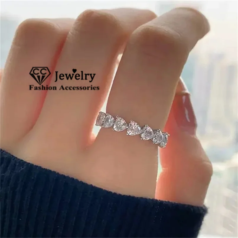 CC Heart Wedding Rings Sterling Silver Color Love Jewelry for Women Engagement Accessories Party Bijoux CC3145