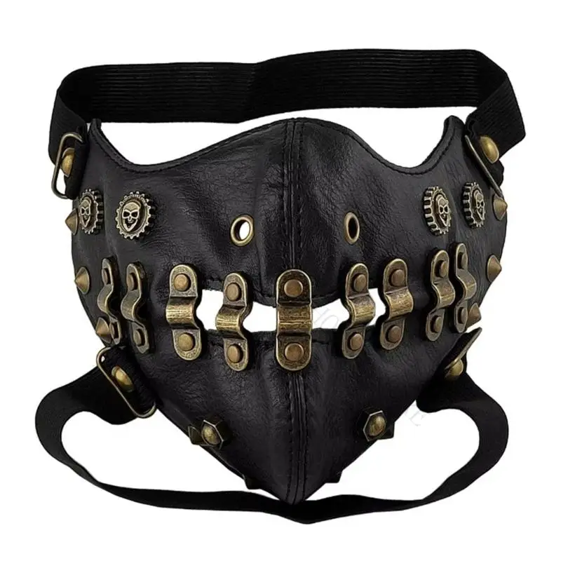 R7UF Dark Costume Face Cover Accessory with Industrial Hardware Accents, Black Party Mask for Halloween Styling and Cosplay Use
