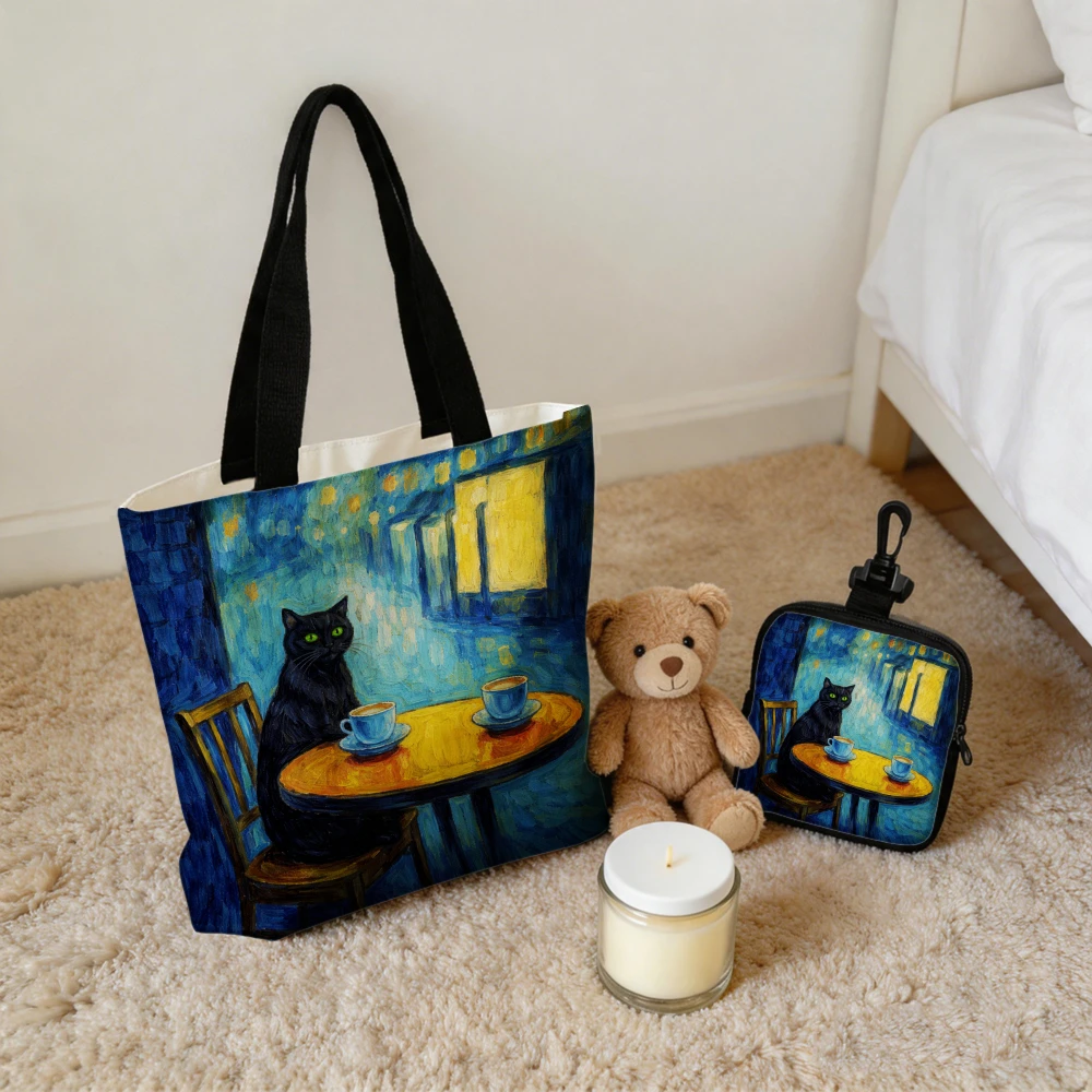 1/2PC Blue Black Cat At Cafe Table with Coffee Cups Art Print Coin Purse Handbag Tote Bags and Storage Bag Mini Pouch for Daily