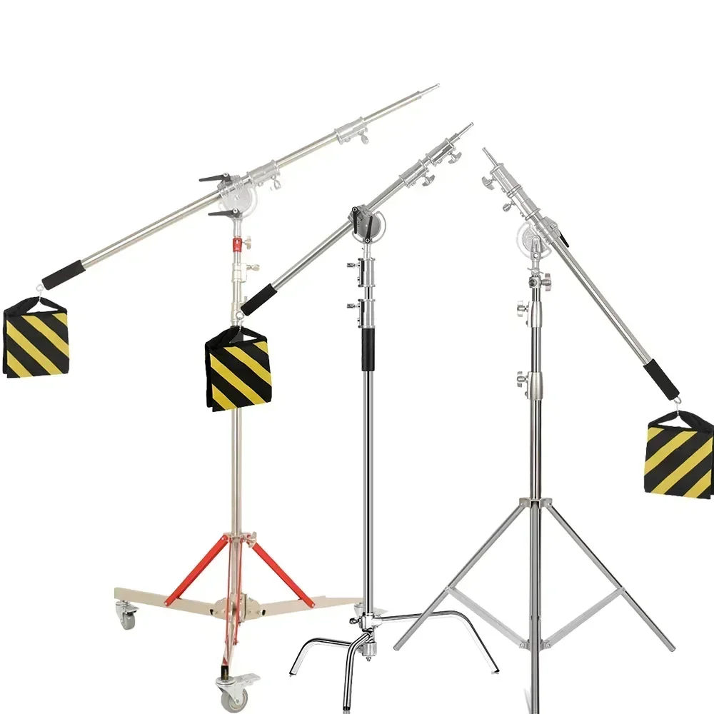 Support photo C-Stand 2,6/3,3 m en acier inoxydable avec bras de maintien et tête de préhension, hauteur maximale améliorée avec un réglage magique unique