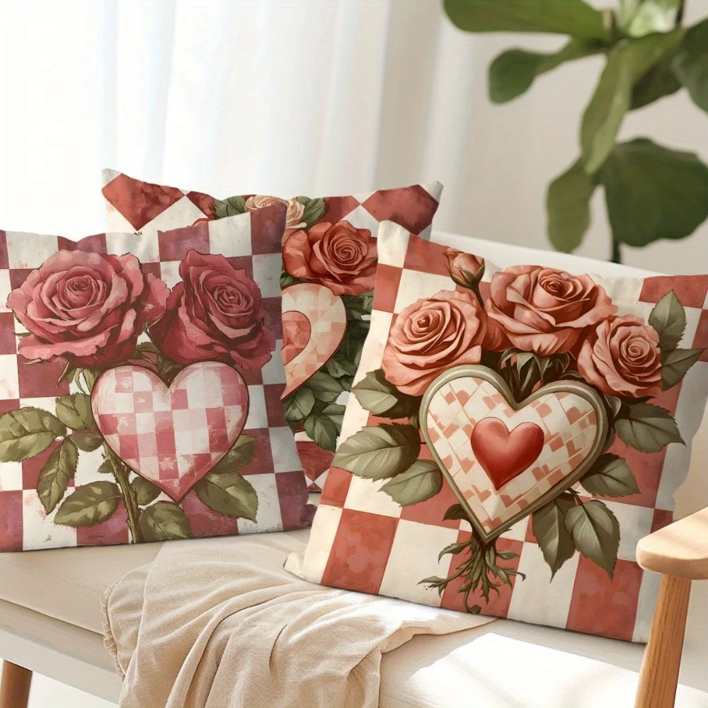 4pcs Love-themed floral pattern Single-sided printing Short plush Suitable living rooms bedrooms sofas (excluding pillow cores)
