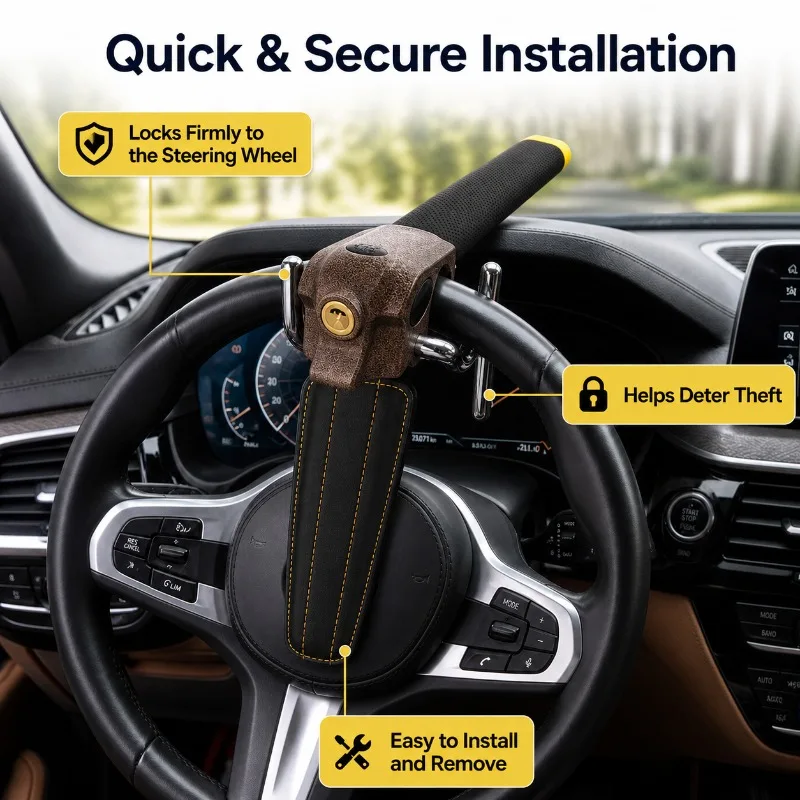 Heavy Duty Car Steering Wheel Lock Anti-Theft Security Device Universal Auto Protection with 3 Keys