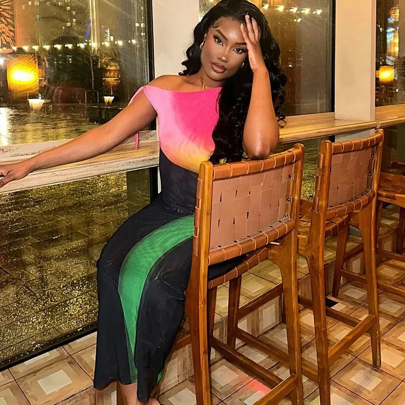 

Women's Color Spliced Diagonal Collar Off Shoulder Lace-Up Sleeveless Dress