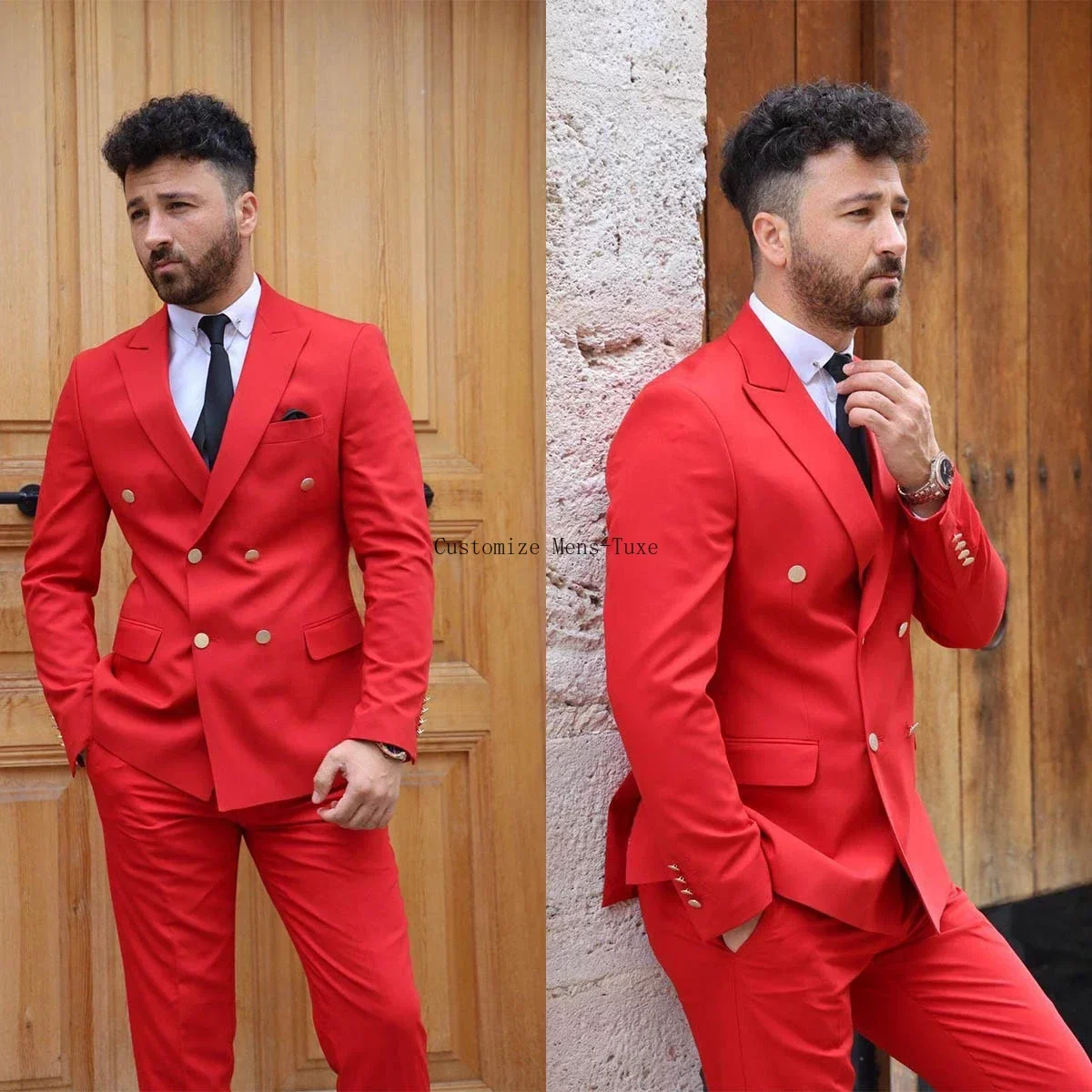 Formal Red Double  Slim Fit Men Suits Casual   Prom Evening Party England Style 2 Piece Jacket Pants Blazer Set