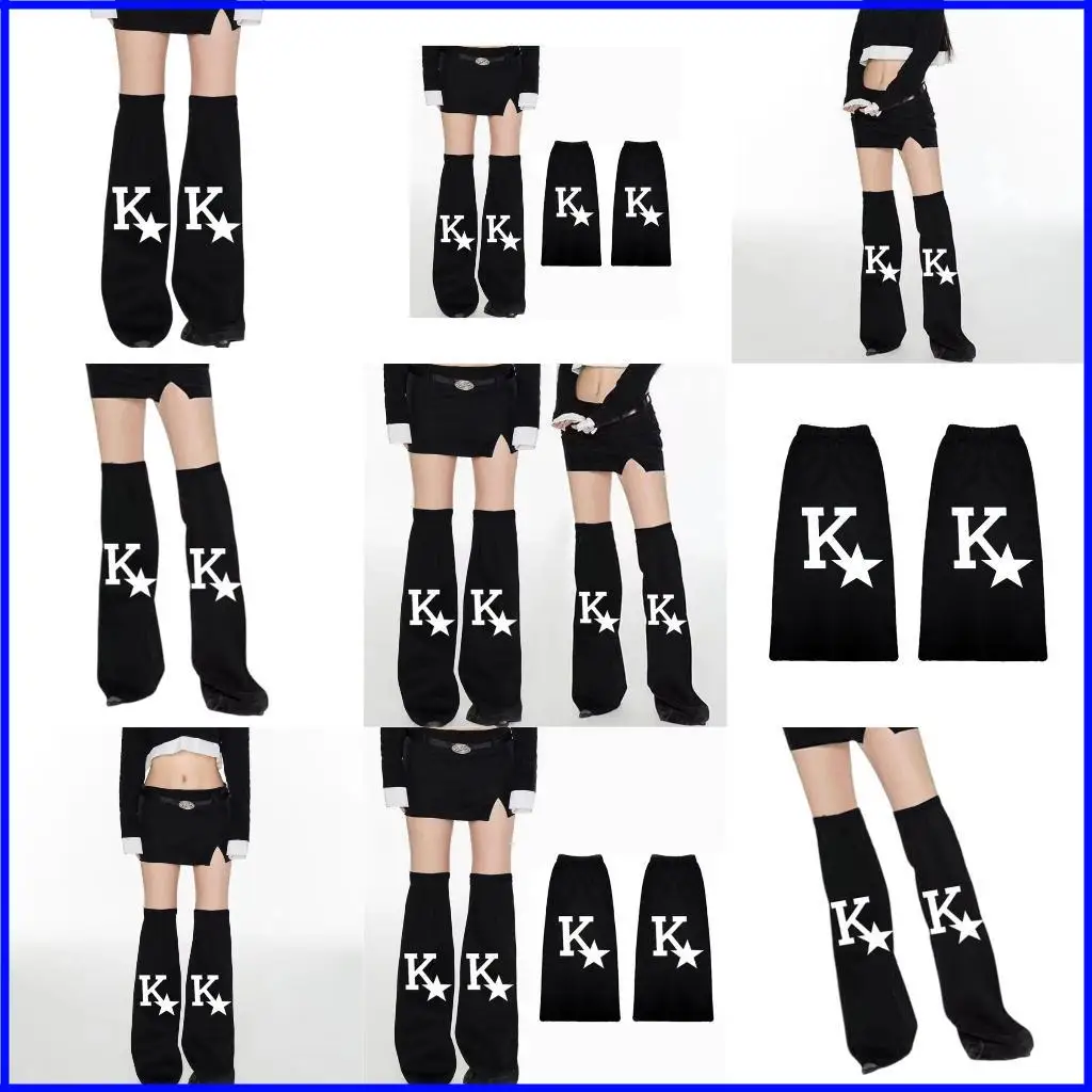 

Women Punk Overknee Black Denims Leg Warmers with Letter and Star Print Flared Harajuku Baggy Boot Covers Footless Socks