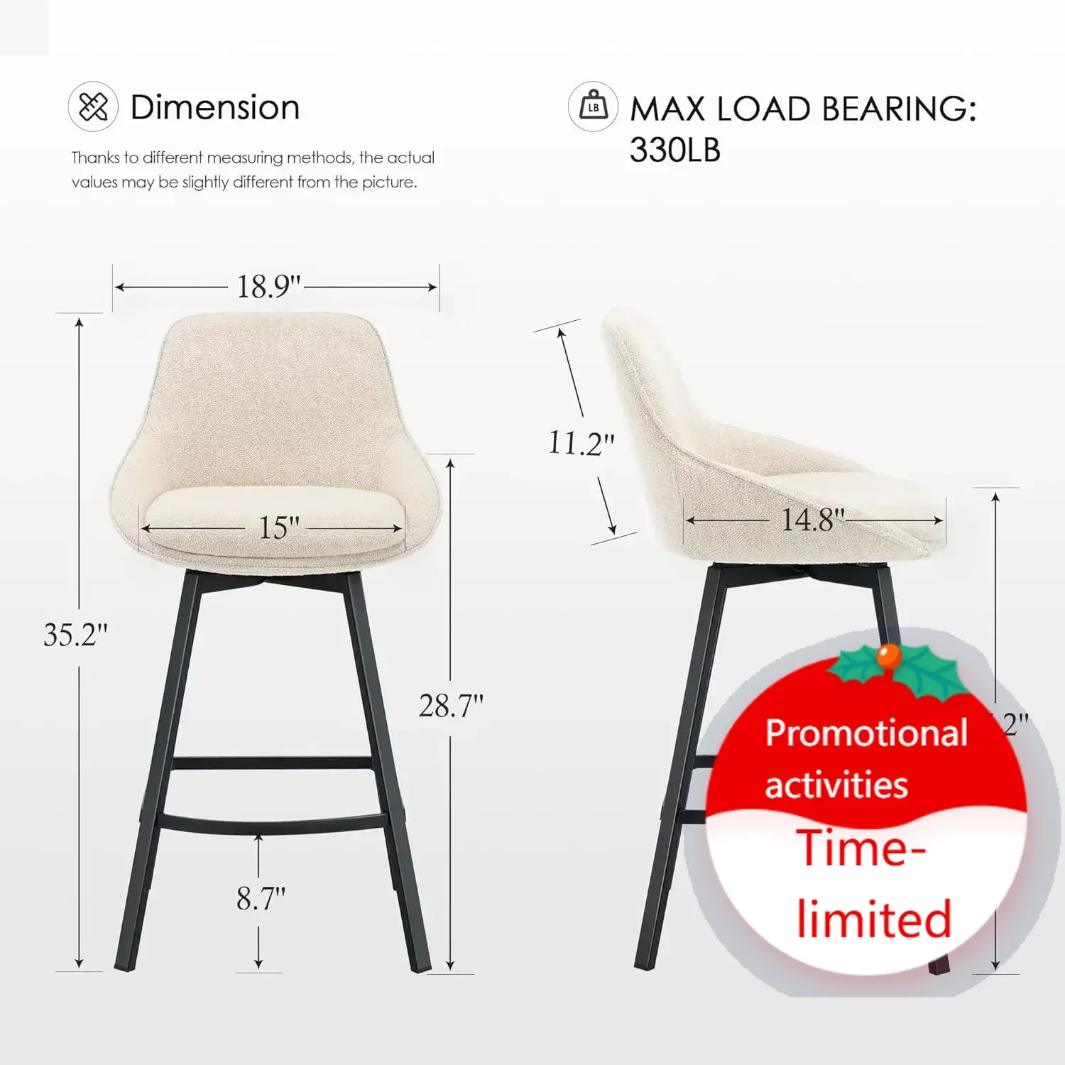 

Горячая распродажа: Комплект из 2 современных барных стульев высотой 26 дюймов с спинками, вращающиеся барные стулья с обивкой из льняной ткани