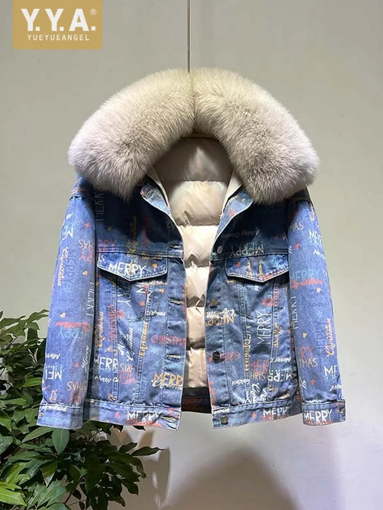 Winter Women Warm Loose Fit Down Denim Jacket Fox Fur Collar Single Breasted Outerwear Coats Thick Printed Fashion Lady Overcoat