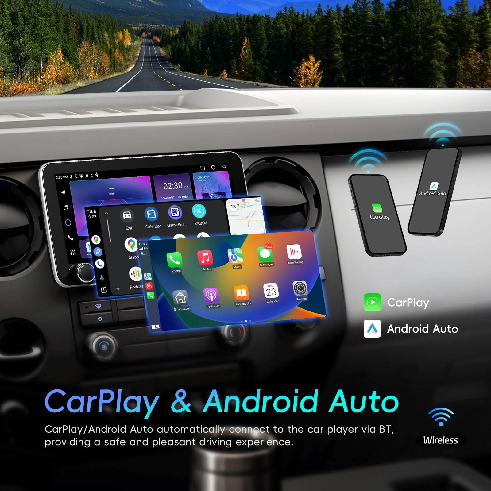 Podofo 10.36'' IPS Touch Screen 1Din Android Car Stereo 2+64G Carplay Android Auto WIFI GPS Navigation FM/RDS 4Core Car Audio