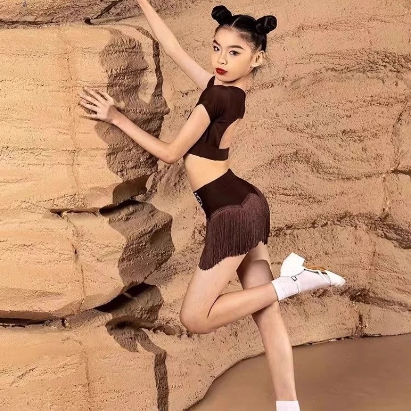 Ensemble de danse latine pour filles, vêtements d'été pour enfants, jupe à franges noire, Cha Cha Rumba Samba, vêtements d'entraînement de danse, nouvelle collection 2025