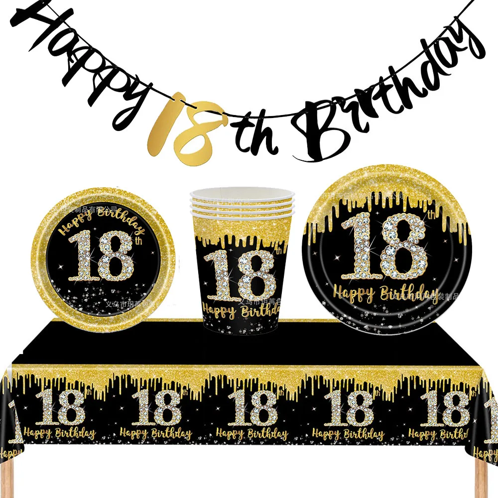 18th Birthday Decorations for Boys Girls Black Gold Party Banner Birthday Balloons Tablecloths Cake Topper Tableware Supplies