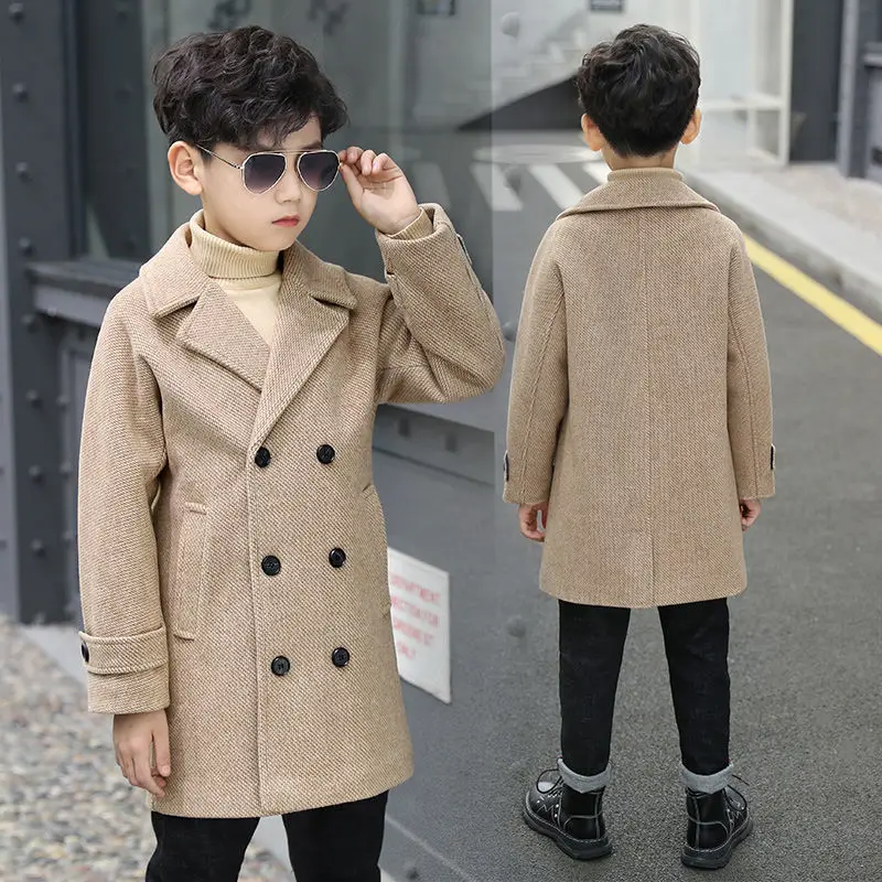 Boys Wool Coat Autumn Winter Childrens Jacket Fashion Turn Collar Plaid Keep Warm Outerwear Teenage Clothes 2023 5-14 clothes