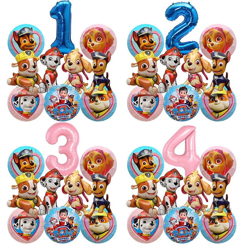 Lot de 10 ballons Pat'Patrouille, ballons en aluminium chien, ballons chiffres bleus et roses de 32 pouces pour la décoration de fête d'anniversaire des enfants de 1 à 9 ans, pour garçons et filles