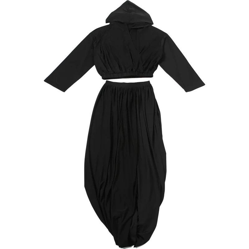 Sisterlinda Damen Trend 2-Teiliges Set Hottie Einfaches Kreuz-V-Ausschnitt Kapuzen-Crop-T-Shirt + Geraffter Langer Rock Mode Party Street Anzüge – Detail 3