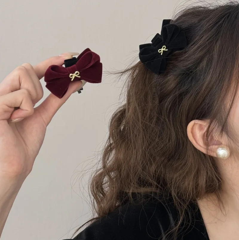 

Цельная заколка для волос в стиле ретро, классический бант, милый черный, красный цвет, бархатная заколка для волос с бантом, милая заколка принцессы с челкой, боковая заколка, аксессуары для волос