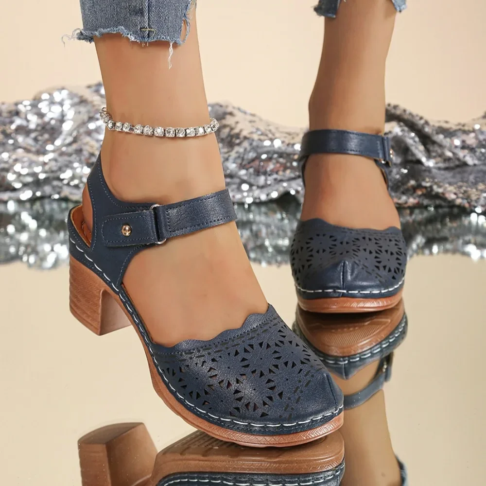 Women Hollow Cutout Closed Toe Sandals Chunky Block Heel Ankle Strap Ladies Breathable Vintage Platform Casual Dress Shoes