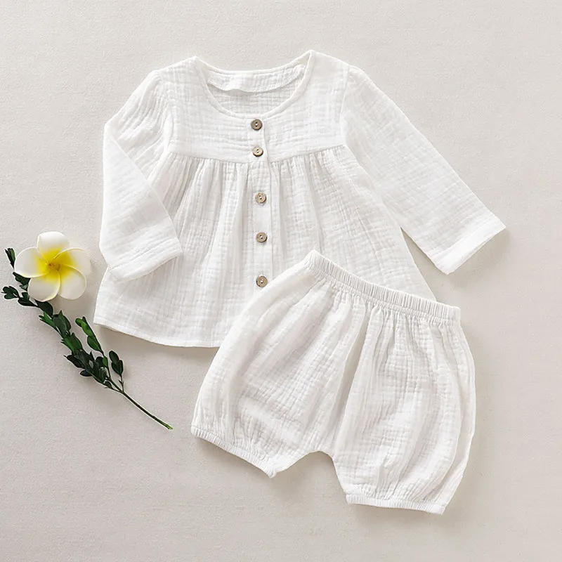 Baby Girls Clothes Sets Long Sleeve Outfits Newborn Muslin Cotton Shirt Tops+Shorts Suits Clothes 2PC 0-3T