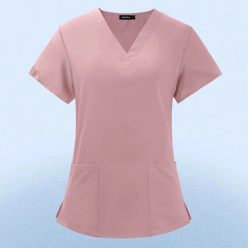 Effen Kleur Verpleegkundig Werk Scrub Dames Korte Mouwen V-Hals Kliniek Verpleegkundige Uniform Beschermende Kleding Verzorger Lab Tops