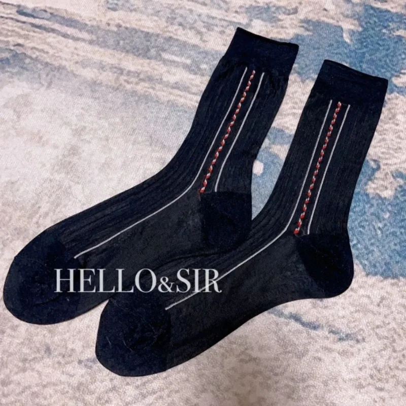 

Men's Vintage Business Socks Fashion Formal TNT Dress Male Tube Socks Sexy Thin Elastic Jacquard Black Nylon Striped Sheer Socks