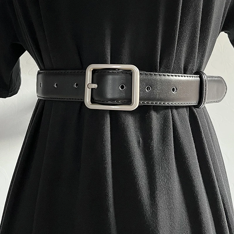 

Women's Runway Fashion Black Genuine Leather Cummerbunds Female Dress Corsets Waistband Belts Decoration Narrow Belt TB622