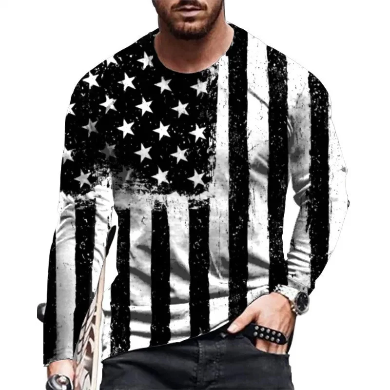 3D Printed USA National Flag T-Shirt For Men Eagle Animals Pattern Tees Spring Autumn Oversized T Shirts O-Neck Tops Long Sleeve image 3