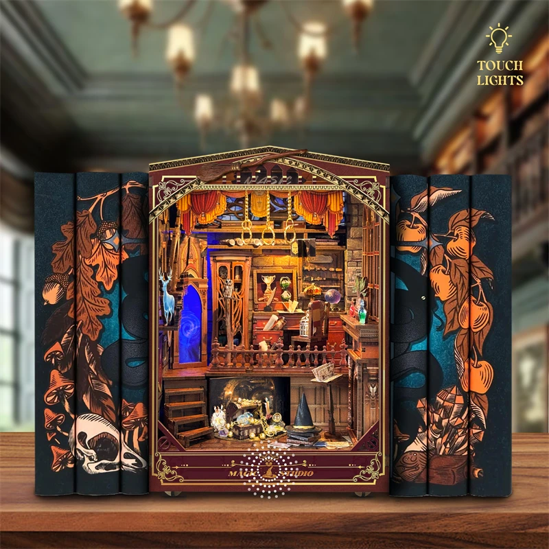 

DIY Wooden Book Nook Shelf Insert Kit Magic Studio Miniature Model Kits Bookshelf With Light Bookend for Friends Birthday Gifts