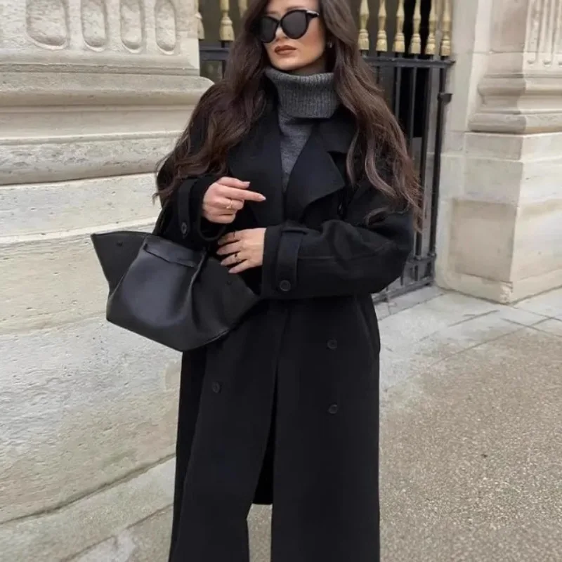 European ， American Women's Clothing  Popular Casual Loose Double Buckle Lapel Temperament  CommutingBlends Medium Long Jacket
