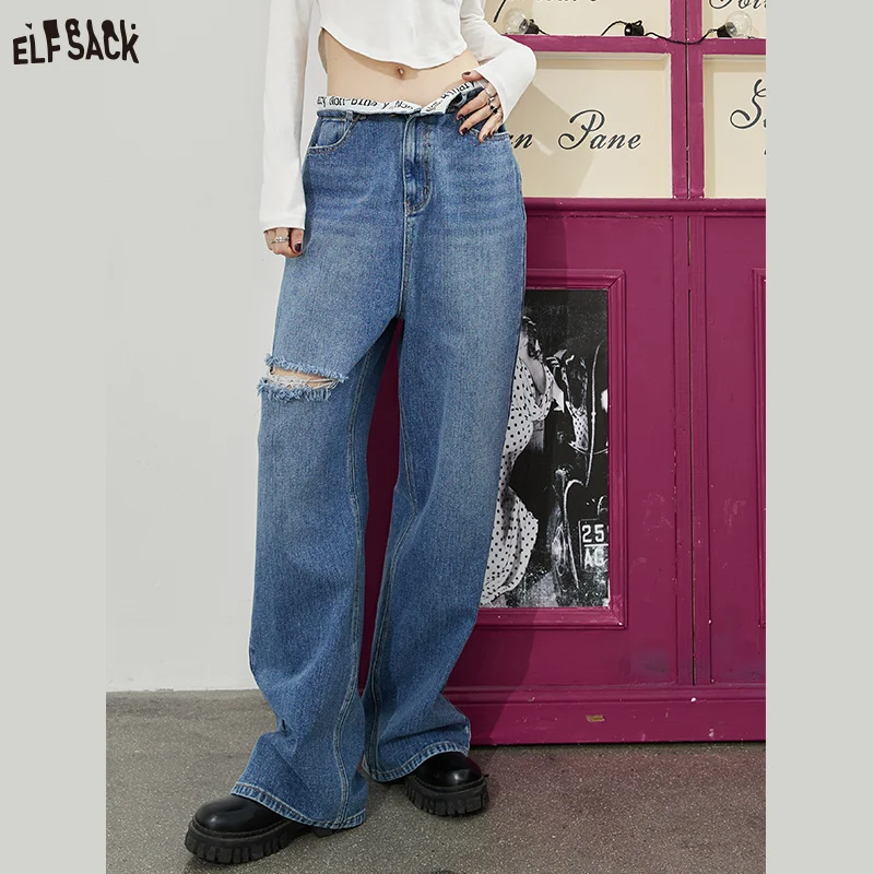 

ELFSACK Vintage Wide Leg Ripped Jeans Women 2023 Spring Loose High Waist Daily Trousers