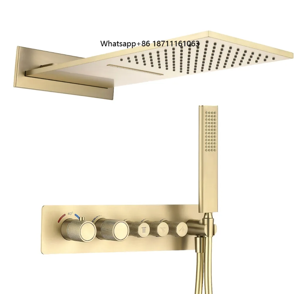 High Quality Modern Brass Concealed Thermostatic Shower Faucet Brushed Gold Rainfall Waterfall Installation Set Massage Soft