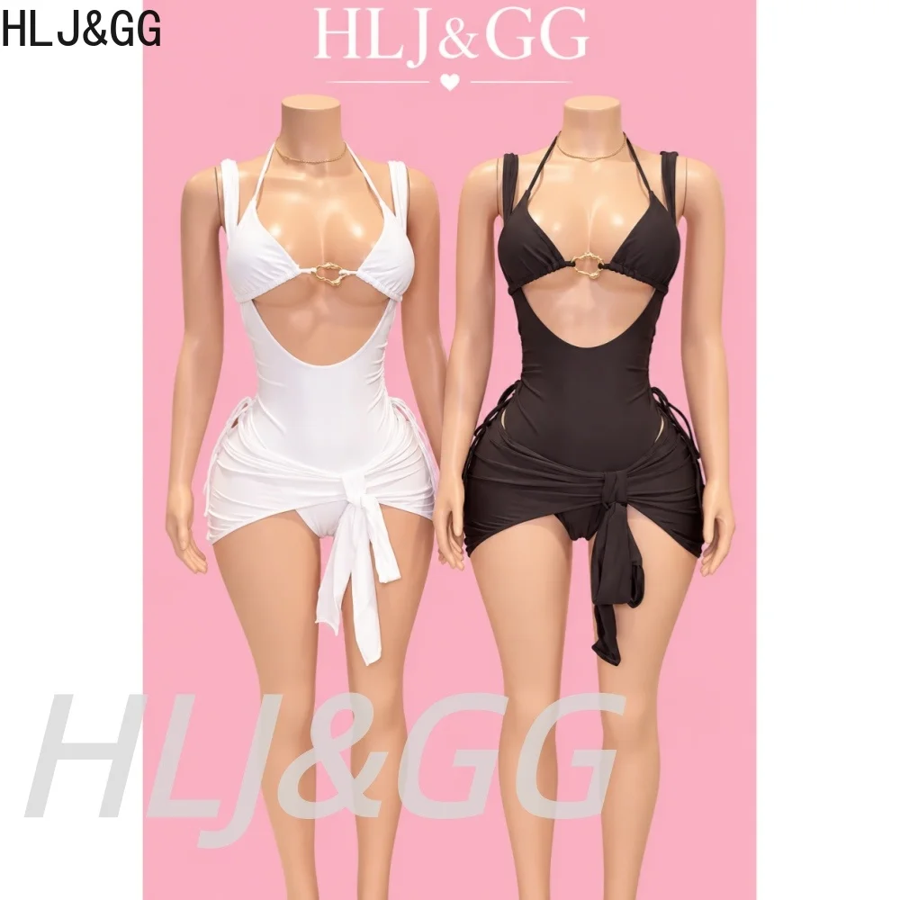 HLJ&GG Summer 3 Piece Swimwear Set Women Sexy Halter Bikini Top Bottom And Wrap Skirt Ruched Drawstring Beach Vacation Outfit