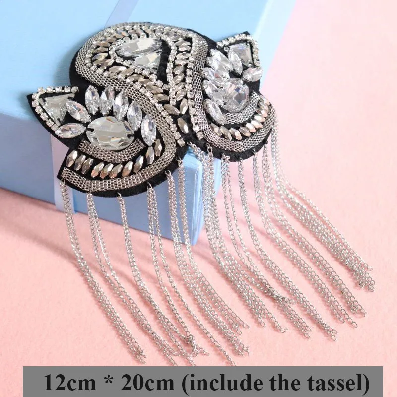 2 Pieces Handmade Rhinestone Fashion Tassel Chain Shoulder Board Badges Beads Patch Metal Epaulette Military Pin on Brooch Medal