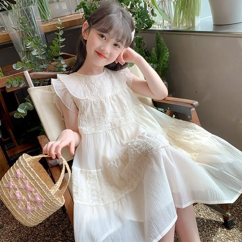 Summer baby girls white Dress 2025 New Childrens Princess Sleeveless Skirt High End kids clothes 3-4-6-7-13 14+ teen girls dress