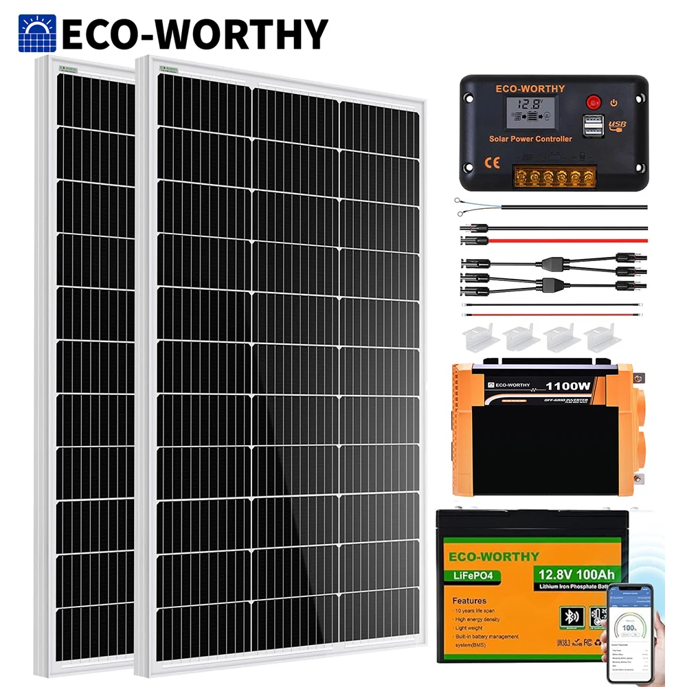 

Комплект солнечной панели ECO-WORTHY, 200 Вт, 2 солнечных панели 100 Вт + контроллер заряда 30 А + аккумулятор 100 Ач + солнечный инвертор премиум-класса 1100 Вт