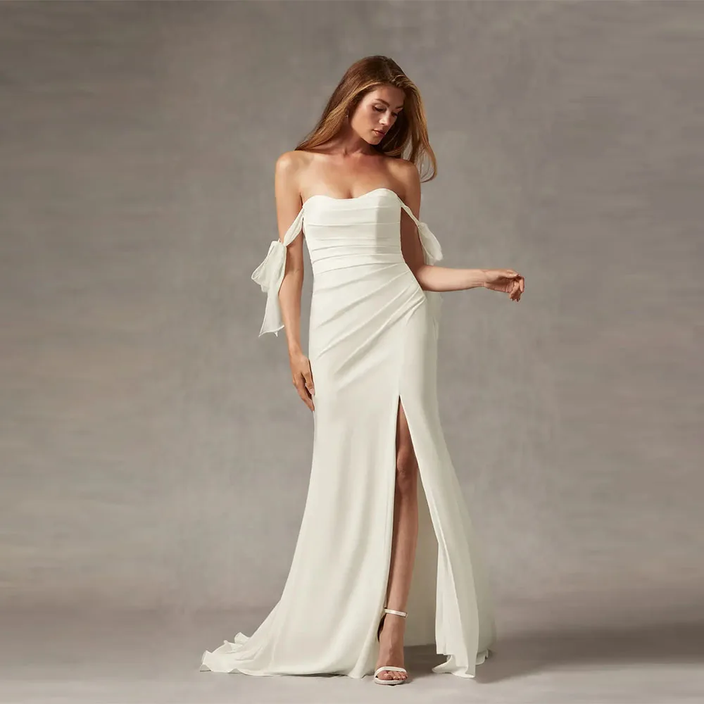 

Customized Simple Satin Bateau Neck Sheath Wedding Dress 2025 Off The Shoulder Court Train Prom Dresses Fairy Bride Gown