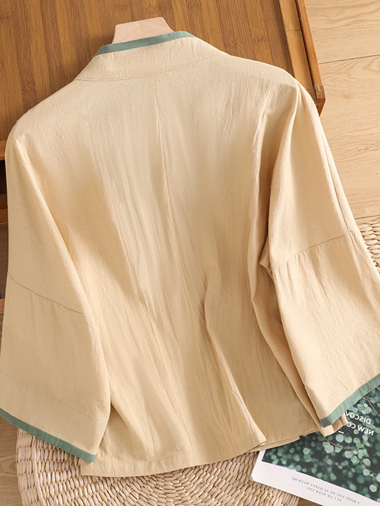 Retro Chinese Sle Loose Fit V-Ne Svel Women's Top Large Size Slimming Patchwork Tea Ceremony Open Cardigan