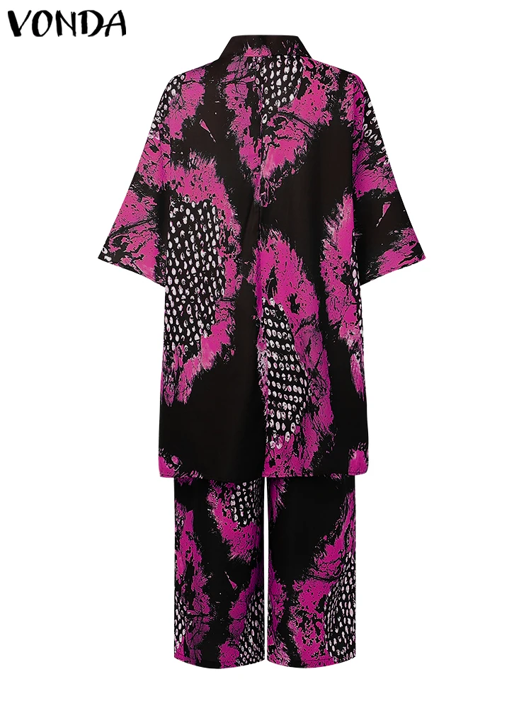 VONDA Vintage Bohemian ชุดกางเกง 2025 ฤดูร้อนผู้หญิงพิมพ์เสื้อยาวและกางเกงขากว้างสบายๆหลวม 2 ชิ้นแฟชั่น 2 ชิ้นชุด