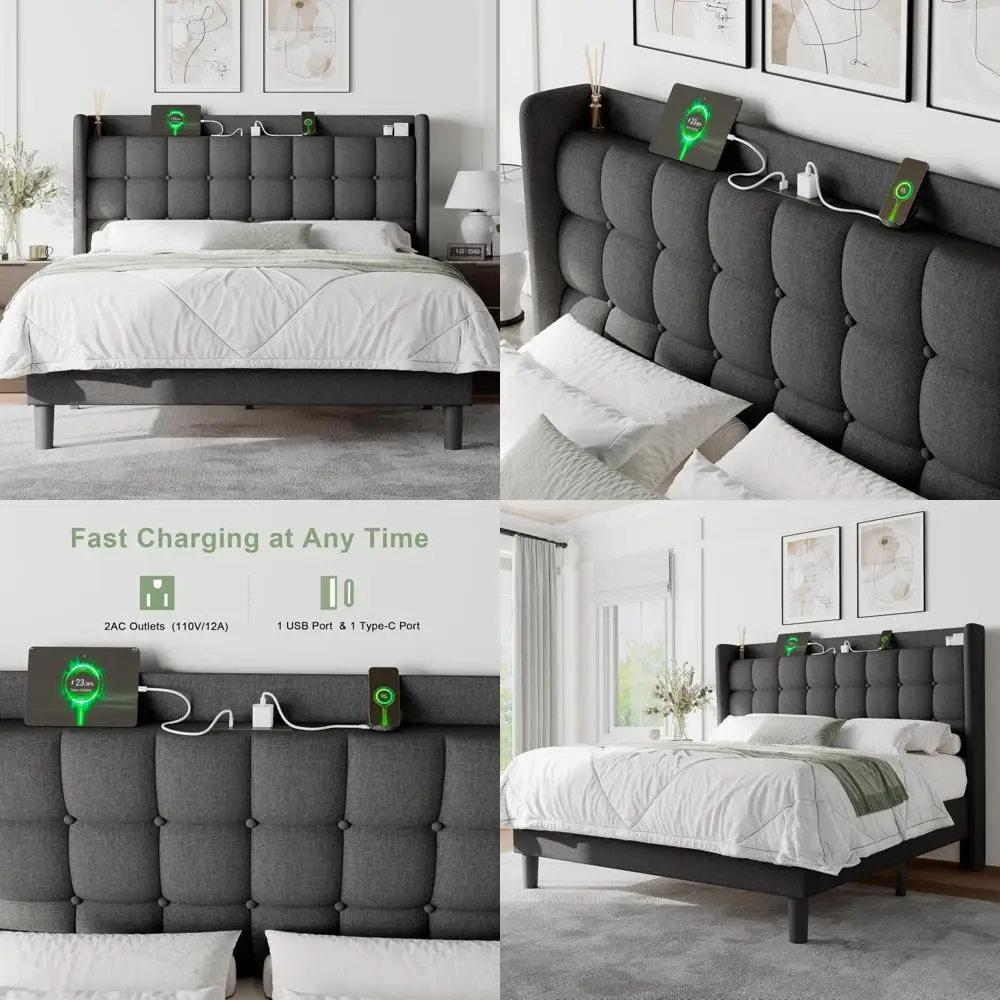 

Upholstered Platform Bed with Wingback Storage Headboard and Built-in Charging Station, No Box Spring Required