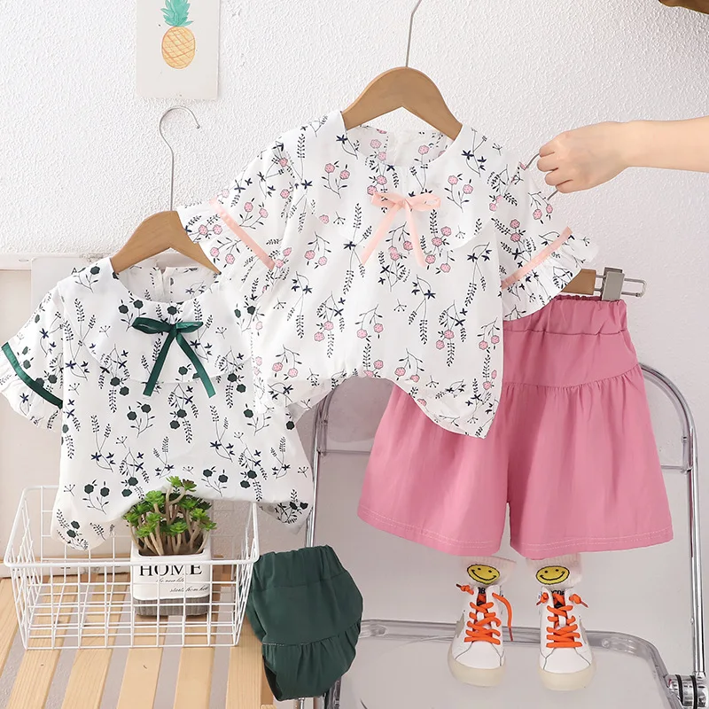 

Kids Summer Set 2024 Fashion Baby Girl Clothes 2 To 3 Years All Over Print Short Sleeve T-shirts + Shorts Girls Boutique Outfits