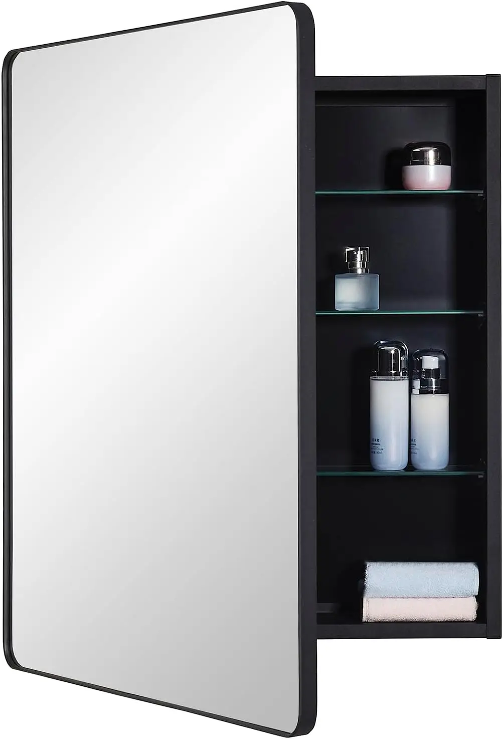 Black Bathroom Mirror Medicine Cabinet Round Corner Framed Door 24 x 30 inch Recessed Surface Mount Adjustable Glass Shelves