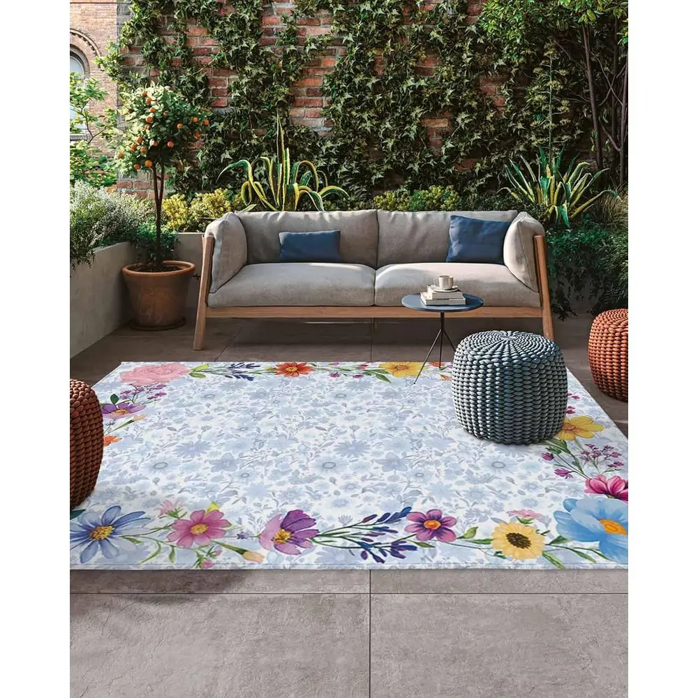 

5x8ft Spring Blossom Outdoor Patio Rug - Watercolor Floral Carpet for Deck, Backyard, Porch Decor