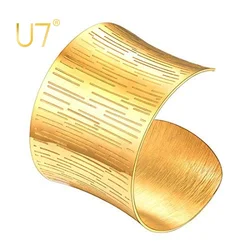 U7 Stainless Steel Grooved Band 50MM Width Hyperbole Big Open Bangle for Woman Adjustable Wristband Cuff Bracelet Party Jewelry